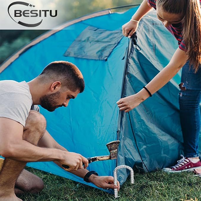 Besitu 12 inch Fence Stakes Heavy Duty 50-Pack J Hook Rebar Ground Stakes Anchor Galvanized Tent Stakes for Outdoor Decorations Inflatables Metal Stakes for Wire Fencing