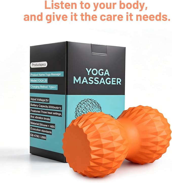 Vibrating Peanut Massage Ball, 3 Gear Heating, 5 Modes Deep Tissue Massager, Rechargeable Myofascial Release Roller for Muscle Pain Relief, Fitness, Yoga(Orange)