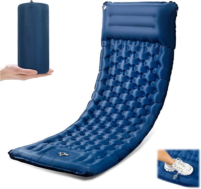 Toncoke Sleeping Pad, 4.7" Extra-Thick & Ultralight Inflatable Camping Mat with Pillow, Built-in Foot Pump, Compact for Backpacking, Camping, Hiking, Travel — Navy Blue