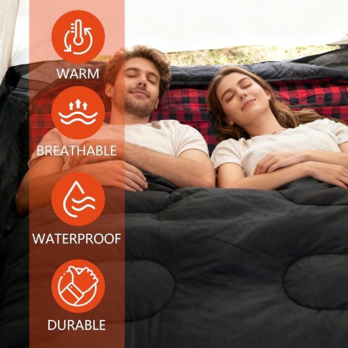 0 Degree Double Sleeping Bag for Adults Queen Size 2 Person Sleeping Bag for Cold Weather with Compression Sack for Car Camping, Hunting and Tent Camp