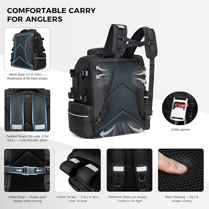 WANOON Fishing Backpack 45L - Waterproof with Insulated Bait Pocket & 4 Rod Holders | Easy-to-Clean Cooler Liner
