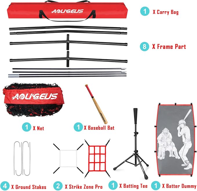 7'X7' Softball Practice Net - Pitching & Batting Net with Baseball Tee, Batter Dummy, Strike Zone & Bow Frame