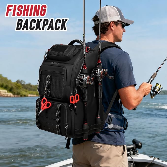 Fishing Tackle Backpack,40L Tackle Bag with 2 Rod Holders,Water-Resistant Large Storage Fishing Gear and Equipment(Black)