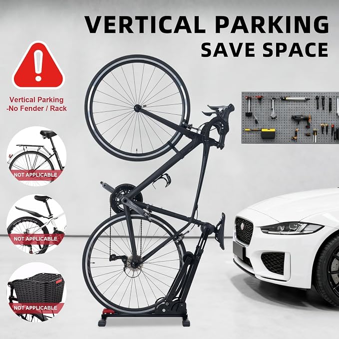 Foldable Vertical & Horizontal Bike Rack - Space-Saving Floor Bike Stand for Garage/Indoor Storage, Tool-Free Assembly Fits 24"-29" Mountain/Road Bikes (66lb Capacity) No Drilling