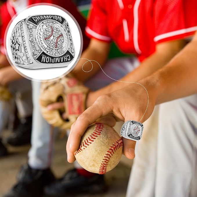 Landical 6 Pack Baseball Rings Softball Championship Rings Ball Games Championship Trophy Rings Sport Award Gift with Display Neck Chain and Stand for Tournament or League Champion Winner