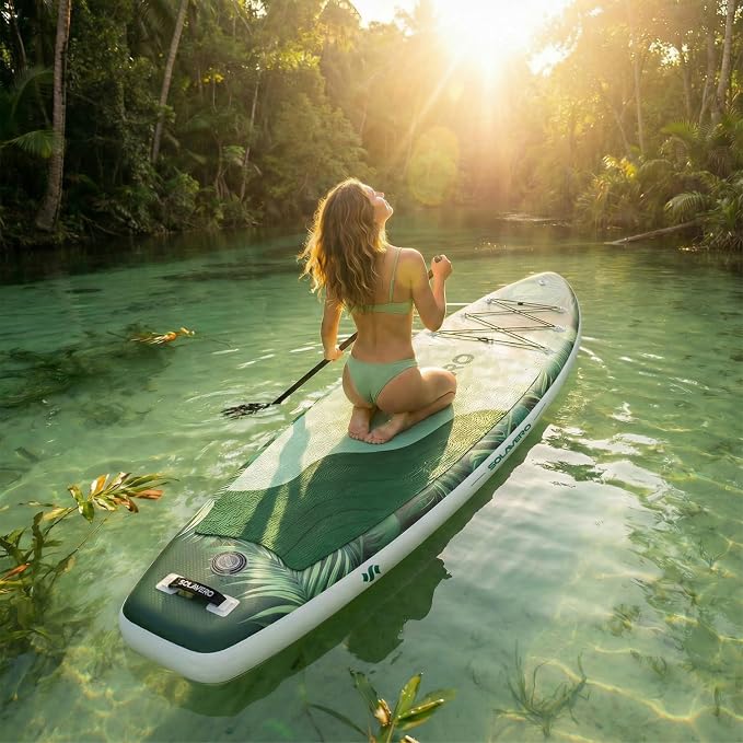 SOLAVERO Stand Up Paddle Board, 11‘ Inflatable SUP Supports 500LB - Wide Stable Board with Non-Slip EVA Deck for Adults & Youth of All Skill Levels
