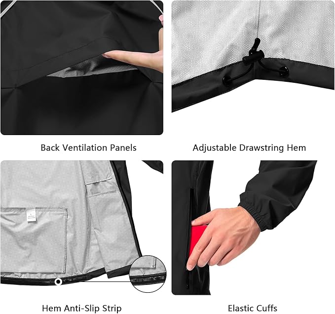 Hugut Men's Cycling Running Rain Jacket Lightweight Waterproof Biking Hiking Windbreaker Raincoat Reflective Packable