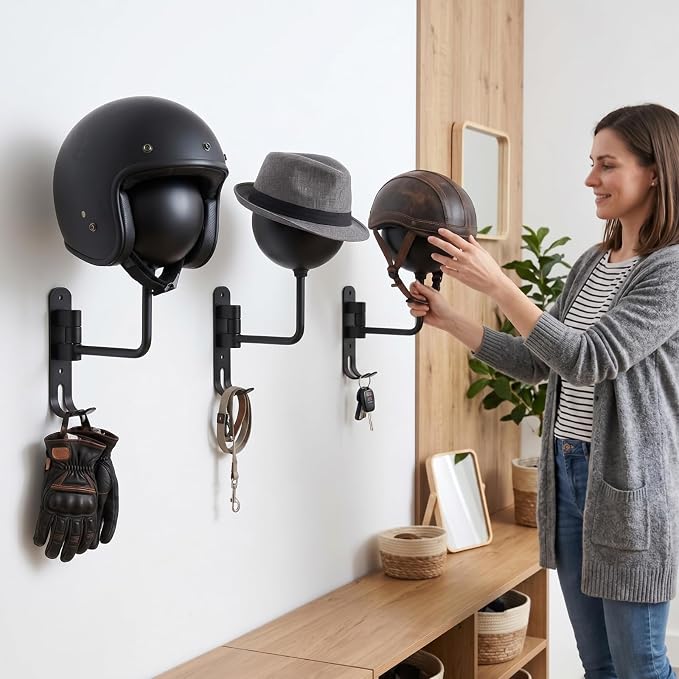 Shimeyao Motorcycle Helmet Holder Wall Mount 180° Rotation Helmet Hanger – Metal Helmets Rack with Hooks for Coat, Cap, Jacket, Glove, Motorcycle Bike Racing Outerwear Sports Gear Accessories