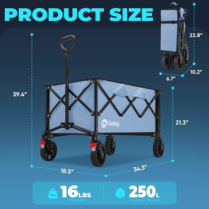 Sekey Collapsible Foldable Wagon with 330lbs Weight Capacity, Heavy Duty Folding Wagon Cart with Big All-Terrain Wheels. Blue