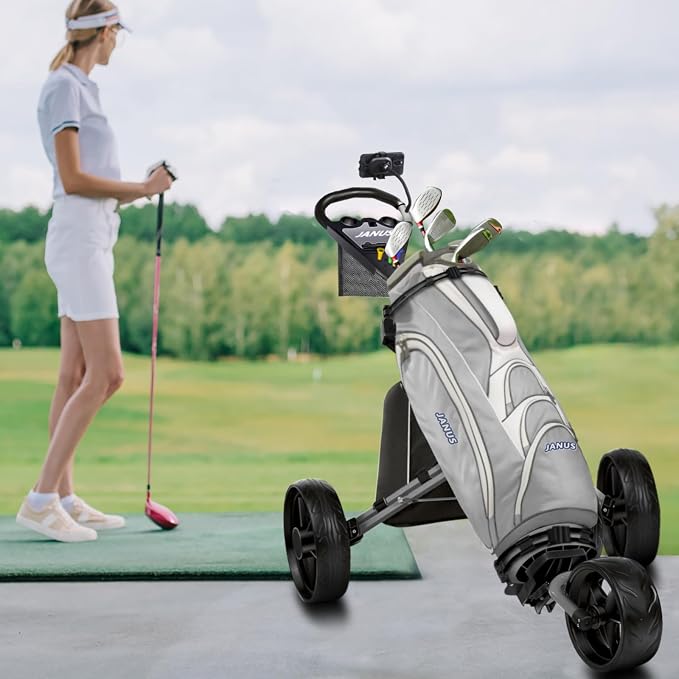 JANUS Pace Golf Push Cart with Integrated Gooseneck Viewing System, 3-Wheel Foldable Golf Cart with One-Click Folding System, EVA Wheels, Foot Brake, Cooler Bag & Golf Bag Support System
