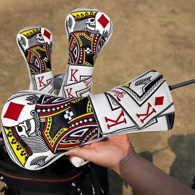 Golf Club Covers Poker Diamond King Driver Cover Fariway Wood Headcover 3 Hybrid Head Covers Blade Putter Cover Mallet Putter Haedcovers with Magnetic Closure for Most Brand