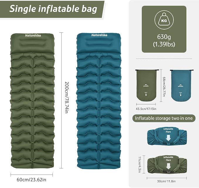 Naturehike Camping Sleeping Pad, Ultralight Inflatable Sleeping Mat with Pillow &Air Pump Sack, 3.74 Inch Lightweight Air Mattress for Camping, Backpacking, Hiking, Traveling