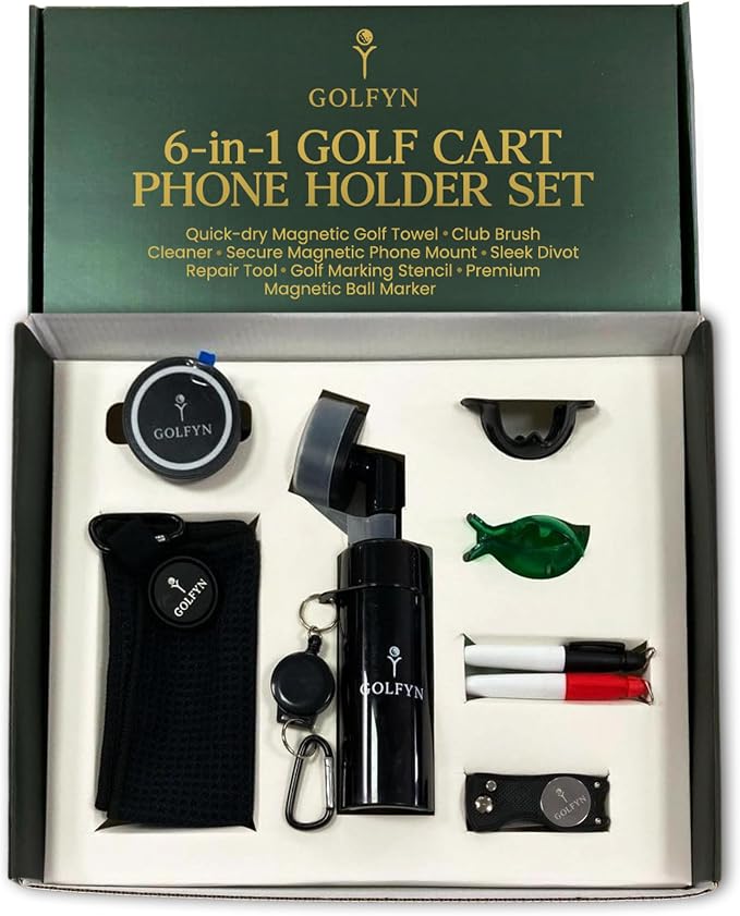 Magnetic Golf Cart Phone Holder - Go-to Golf Cart Phone Holder Mount Gift Set, 6-in-1 Kit and Accessories Bundle for Men and Women, Compatible with iPhone, Android, MagSafe