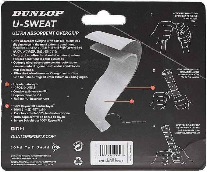 Dunlop Sports U-Sweat Tennis/Squash/Badminton/Padel OVERGRIP (3-Pack, 12-Pack, 30-Pack Roll) (Black & White Colors) (Super Absorbent, Moisture Wicking Construction, Comfortable, Cushioned Surface)
