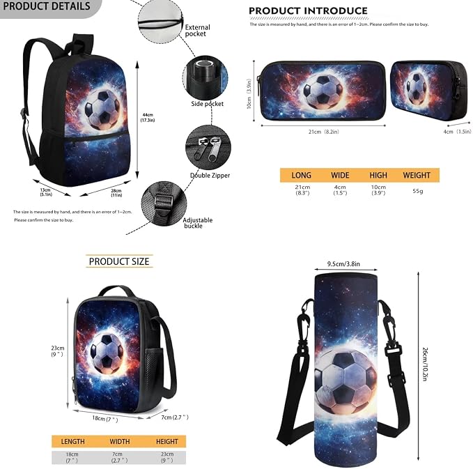 Soccer Backpack for Boys School Bag with Lunch Box Pencil Case Water Bottle Holder Set of 4 School Daypack Travel Bag Satchel Bagpack Back to School Supplies
