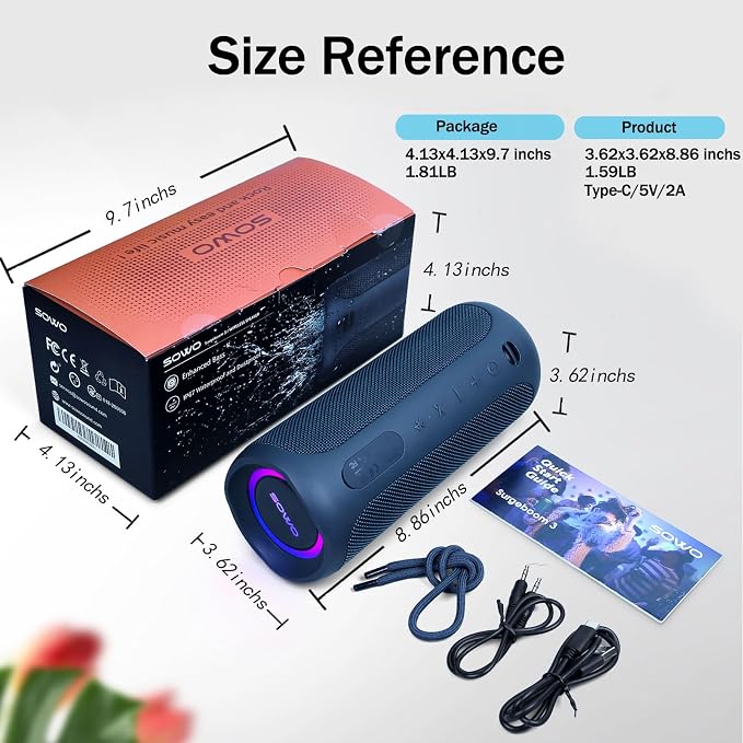 SOWO Wireless Bluetooth Speaker, Portable and Loud with Built-in Subwoofer | Extra Bass, Stereo Sound, IP67 Waterproof and Dustproof, Colorful Lights for Party, Outdoor, Camping - Blue