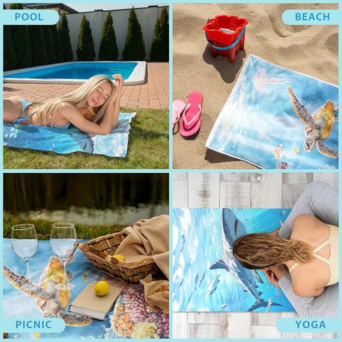 2 Pcs Microfiber Beach Towel Sand Free Quick Dry Oversized Lightweight Absorbent Sea Turtle Marine Life Design Pool Towels for Travel Swimming Yoga 71 x 32 Inches