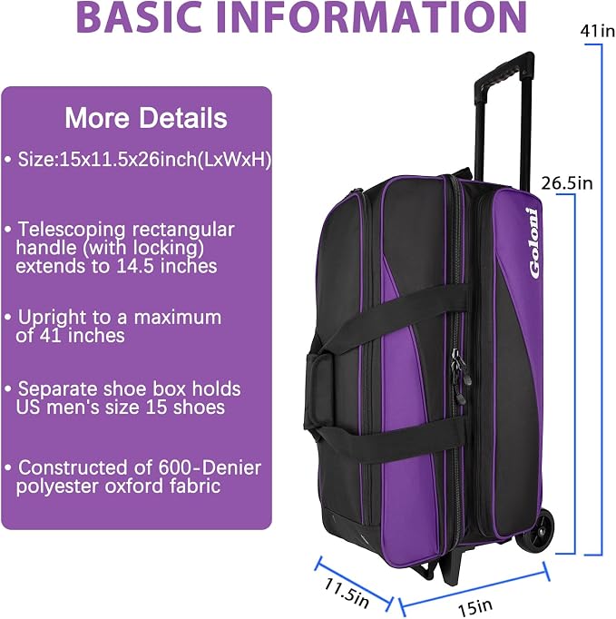 Goloni 3 Ball Bowling Bag with Wheels, Rolling Bowling Roller Bag with Retractable Handle for Balls & Bowling Accessories