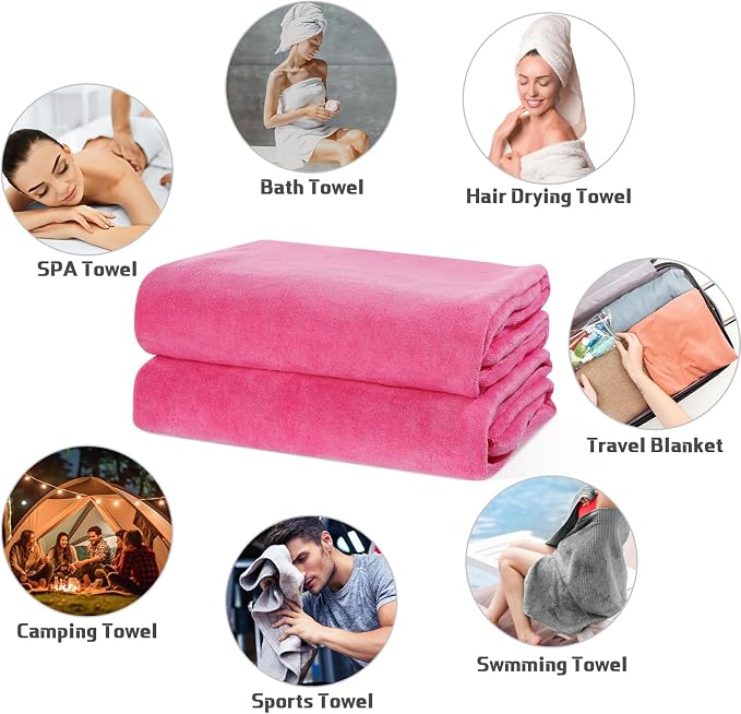Mixweer 2 Pcs Oversized Bath Towels, 40 x 80 Inch Giant Microfiber Jumbo Bath Sheets Ultra Soft Bathroom Microfiber Quick Dry Absorbent Shower Towels for Spa Camping Beach (Hot Pink)