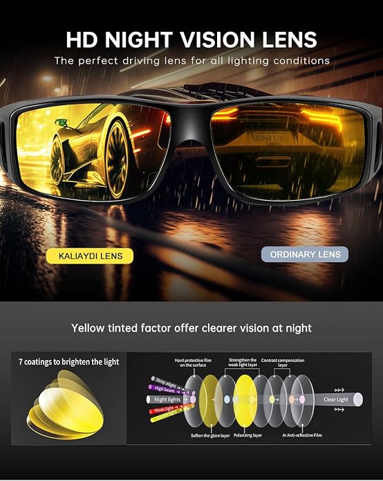 KALIYADI Night-Vision-Glasses Fit-Over-Glasses Wrap-Around Glasses: Anti Glare Night Driving Glasses for men women HD Lens