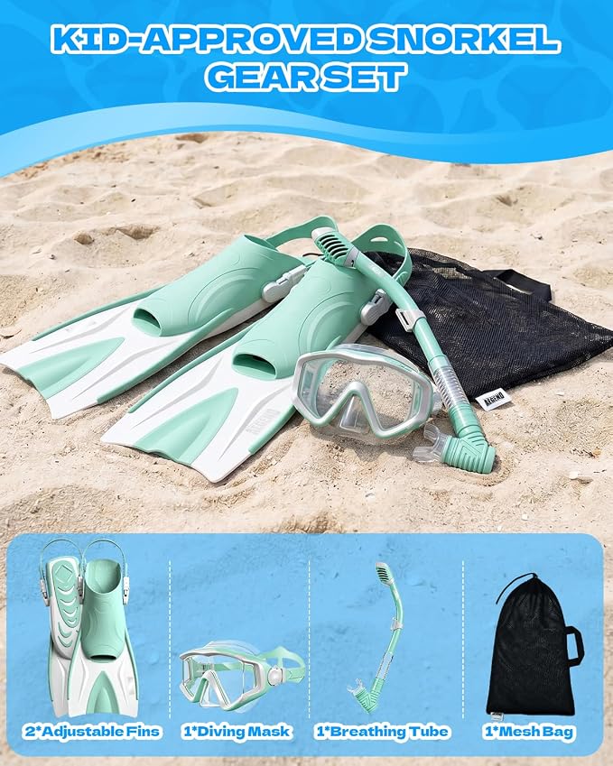 Aegend Snorkeling Gear for Kids Youth – 4-in-1 Snorkel Set with Anti-Fog Mask, Dry Snorkel & Adjustable Fins for Swimming, Diving, Snorkeling, Beach Vacation – Includes Travel Mesh Bag