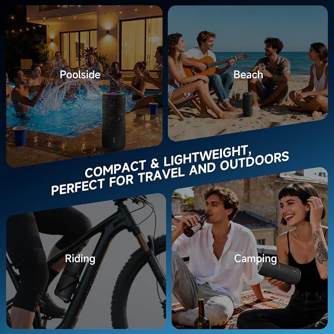 TAZATA Fun 300 30W Portable Bluetooth Speaker, IPX7 Waterproof & Dustproof, Bluetooth 5.3, Deep Bass, TWS Pairing, 8H Battery Life, Stereo HD Sound for Camping, Beach, Outdoor, Travel, Bike - Black