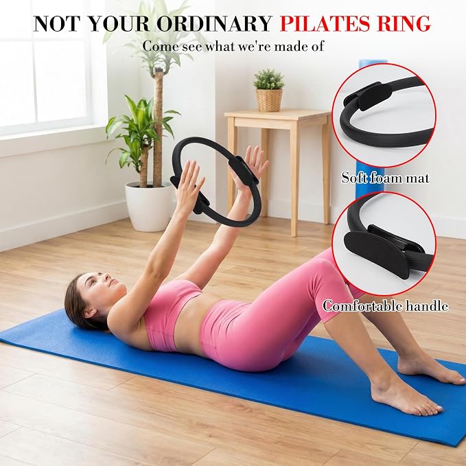 Pilates Ring Set with Mini Ball and Resistance Bands, 14" Anti-Deformation Magic Circle with Padded Handles, 3-Level Exercise Bands, Workout Guide, Carry Bag, Home Gym Pilates Equipment for Women