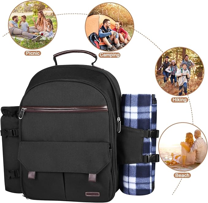 Sunflora Insulated Picnic Backpack for 2 Person Bag with Cooler Compartment, Wine Pouch, Blanket and Stainless Steel Cutlery Set for Couple, Lovers and Friends (Black)