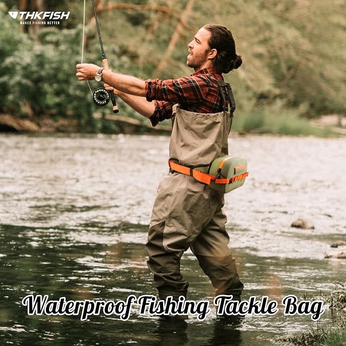 THKFISH Waterproof Fishing Waist Pack, Large Fishing Tackle Bag with Adjustable Strap, Airtight Zipper Closure, Lightweight Sling Fishing Waist Bag for Fly Fishing, Brown