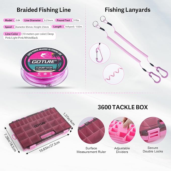 Goture Pink Fishing Rod and Reel Combos with Cooler Tackle Bag, 6FT-9FT Telescopic Fishing Pole with Spinning Reel,4 3600 Trays,Lures,Pliers,Travel Full Kit for Freshwater Saltwater, Women/Beginners