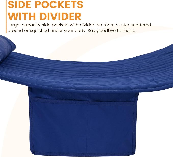 Lazy Daze Hammocks 10.5FT 2 Person Double Quilted Fabric Hammock with Spreader Bar, Detachable Pillow, Side Pocket, Carabiners, Chains, Straps for Outdoor, 450lbs Capacity, Navy Blue