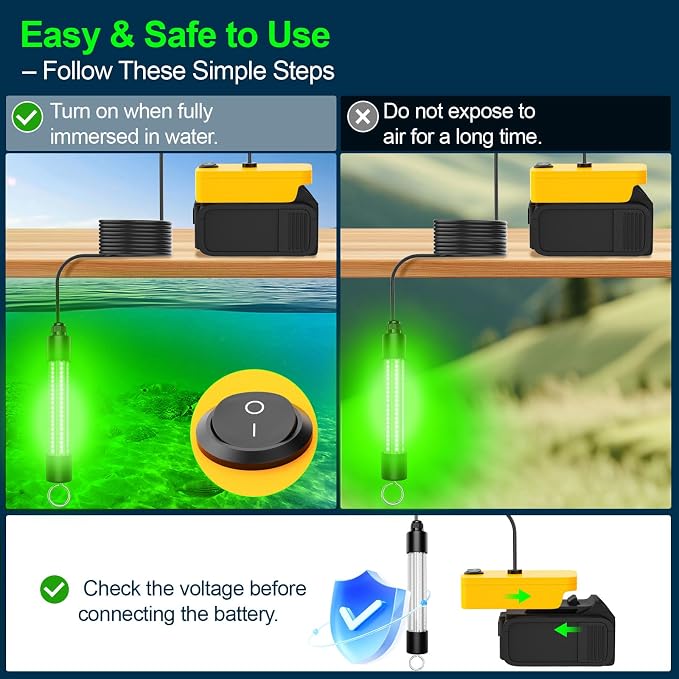 Underwater Fishing Light Compatible for DeWalt 20V Battery(Battery Not Included), IP68 Waterproof 1300 Lumens LED Submersible Green Fish Attractor Light for Night/Ice/Boat Fishing