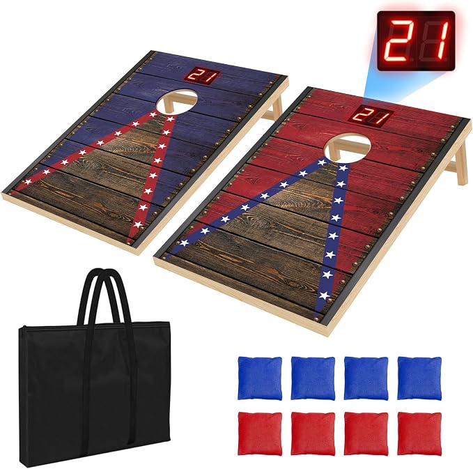 Electronic Cornhole Board Set 4x2ft 3x2ft 2x1ft, Automatic Scoring Corn Hole Games for Adults & Kids, Wooden Portable Cornhole Set with 8 Bean Bags & Carrying Bag for Outdoor, Tailgate, Party