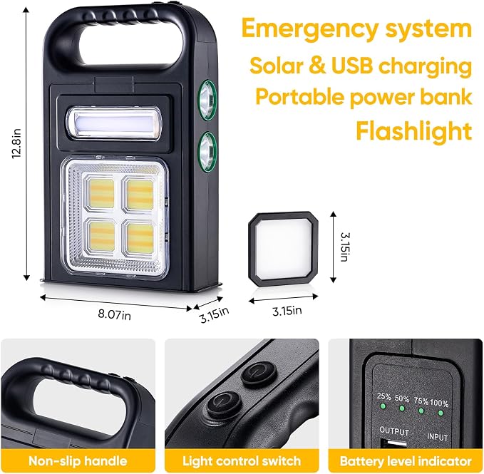 Solar Flashlight with USB Cable,6 Modes Solar LED Camping Light Rechargeable,8000LM Super Bright Emergency Light,IP67 Waterproof, Handheld Spotlight,Multifunctional LED Searchlight for Emergency