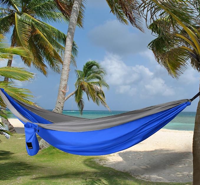 Gold Armour Camping Hammock - Portable Hammock Single Hammock Camping Accessories Gear for Outdoor Indoor Adult Kids, USA Based Brand (Blue & Grey)