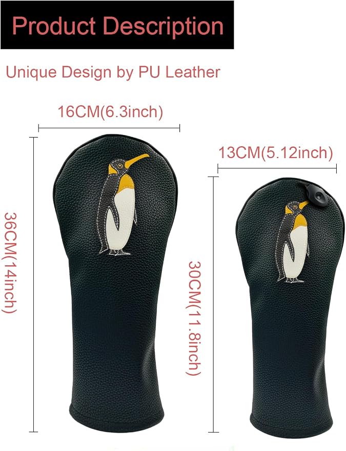 Penguin PU Leather Golf Club Covers Driver Headcovers Fairway Woods Hybrid Protector with Interchangeable Number Tag