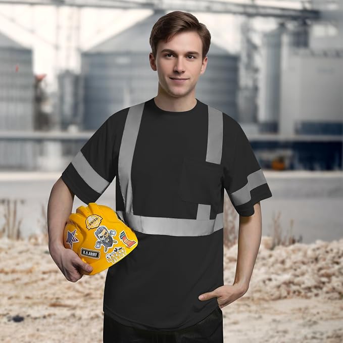 TCCFCCT Hi Vis Shirts for Men Class 3 High Visibility Construction Shirts With Pocket, Short Sleeve, Durable Reflective Strips, Breathable, DC-Black XXL
