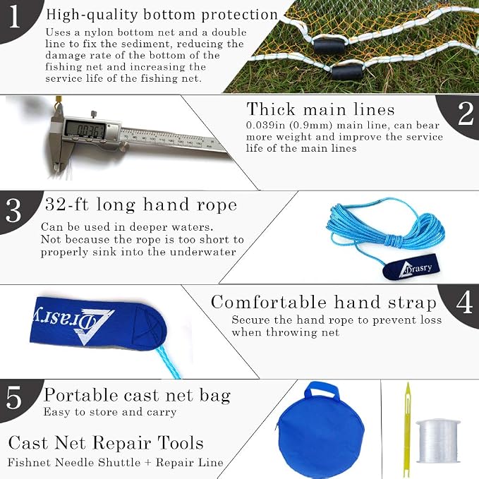 Drasry Saltwater Fishing Cast Net for Bait 3/8 1/4 or 1/2 with Heavy Sinkers Fish Trap Throw Net. Size 3ft/4ft/5ft/6ft/7ft/8ft/9ft/10ft Radius Freshwater Nets