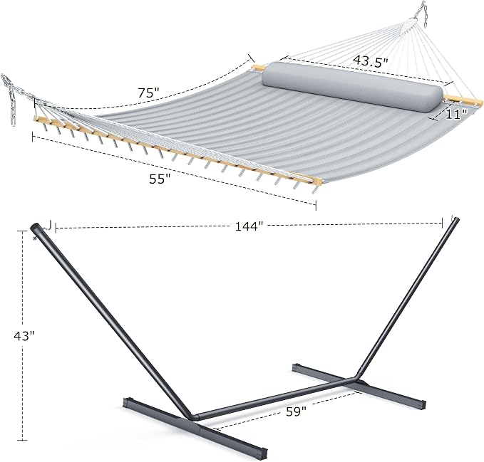 ANAGOO Double Hammock with Stand, Heavy Duty Outdoor Hammock for Two, 500 LBS Capacity, Stable Steel Frame with Balance Strap, Easy Tool-Free Assembly for Patio, Garden, Backyard & Beach,Dark Grey