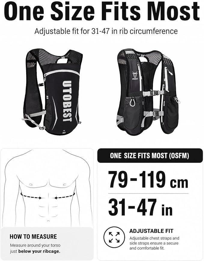 UTOBEST Running Vest, 5L Hydration Vest Lightweight, Breathable and Sweatproof Running Backpack, Adjustable Running Hydration Vest for Trail Running Marathon Race Jogging Cycling