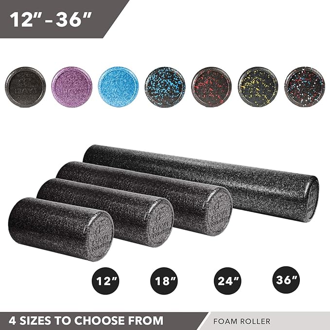 Day 1 Fitness High Density Muscle Foam Rollers - Sports Massage Rollers for Stretching, Physical Therapy, Deep Tissue, Myofascial Release - Ideal for Exercise and Pain Relief - Solid Black, 12"