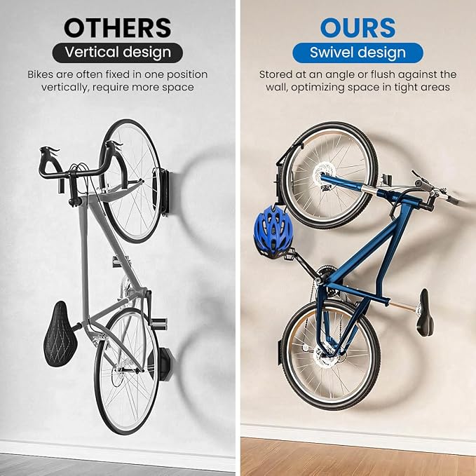 Swivel Bike Wall Mount, 2 PACK Heavy Duty Bike Rack for Garage Storage, Space-Saving Vertical Bicycle Hanger Holds 66 lbs, Adjustable Rotation, Anti-Rust, for Cyclists Homeowners Families