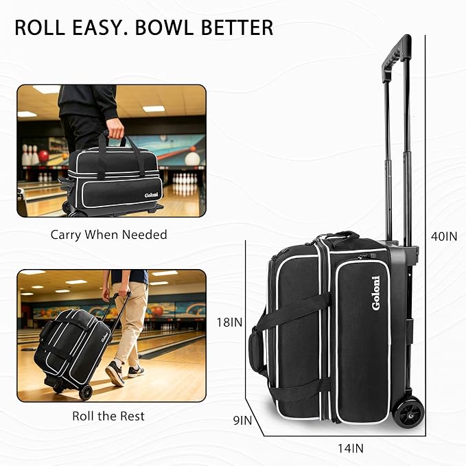Goloni Double Roller 2 Ball Bowling Bag with Separate Shoe Compartment,2 Ball Bowling Bag with Wheels,Retractable Handle Extends to 40"