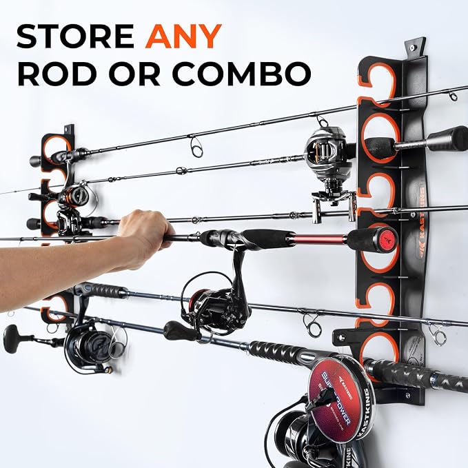 KastKing SafeGuard LS Horizontal Fishing Rod Rack with Line Spooler – Wall or Ceiling Mount, Holds 6 Rods & Combos in 18", No-Twist Fishing Rod Holder with Spooler & Cutter (Spinning & Baitcasting)