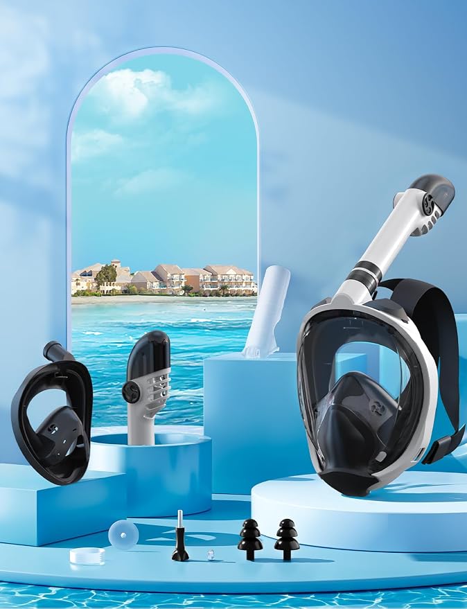 Full Face Snorkel Mask for Adults, 180° Panoramic Anti-Fog Snorkeling Gear with Dry Top System & Camera Mount, Foldable Anti-Leak Design for Travel, Swimming & Ocean Snorkeling