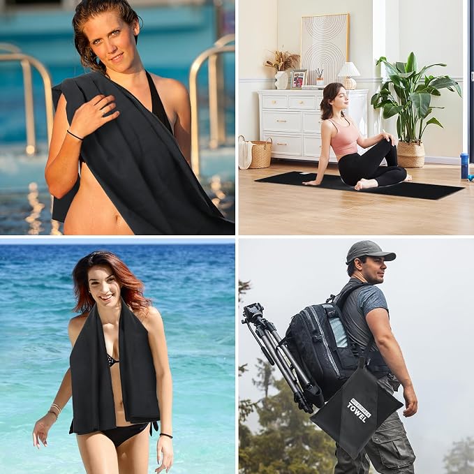 4 Pack Quick Dry Microfiber Towels for Body S L XL Camping Towel Fast Drying Compact for Sea Beach Swimming Yoga Hiking Pack Travel Bathroom Towel(Black)