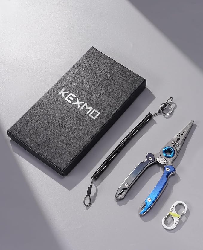 KEXMO 17-4 Stainless Steel Fishing Pliers, Anti-Twist Saltwater Hook Remover Tool, 7.17" Split Ring Pliers with Tungsten Cutters, Lightweight Aluminum Scales, Luminous Locking S-Carabiner