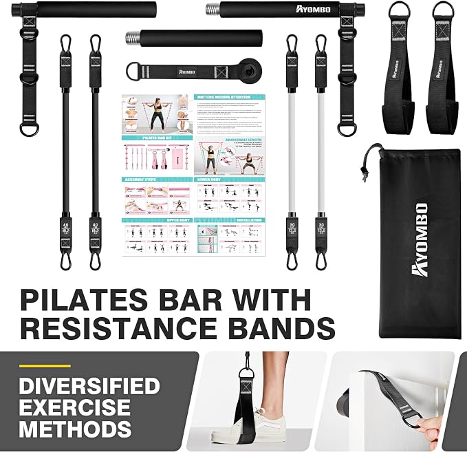 Ayombo Pilates Bar Kit with Resistance Bands, Pilates Workout Equipment for Legs, Hip, Waist, Arm, Squats Exercise Equipment for Home Workouts, Adjustable 3-Section Pilates Bar Kit for Women & Men