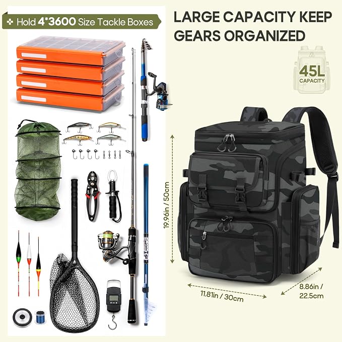 RAINSMORE Fishing Backpack, 45L Large Fishing Bag with 4 Rod Holders & Insulated Cooler Professional Fishing Tackle Backpack with Rain Cover Waterproof Tackle Bag for Men Gift, Grey Camouflage