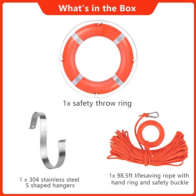 Life Preserver Ring 23"/28", Boat Safety Throw Rings with Bracket, Orange Buoy with Rope 98.5 FT and Reflective Tape for Boat